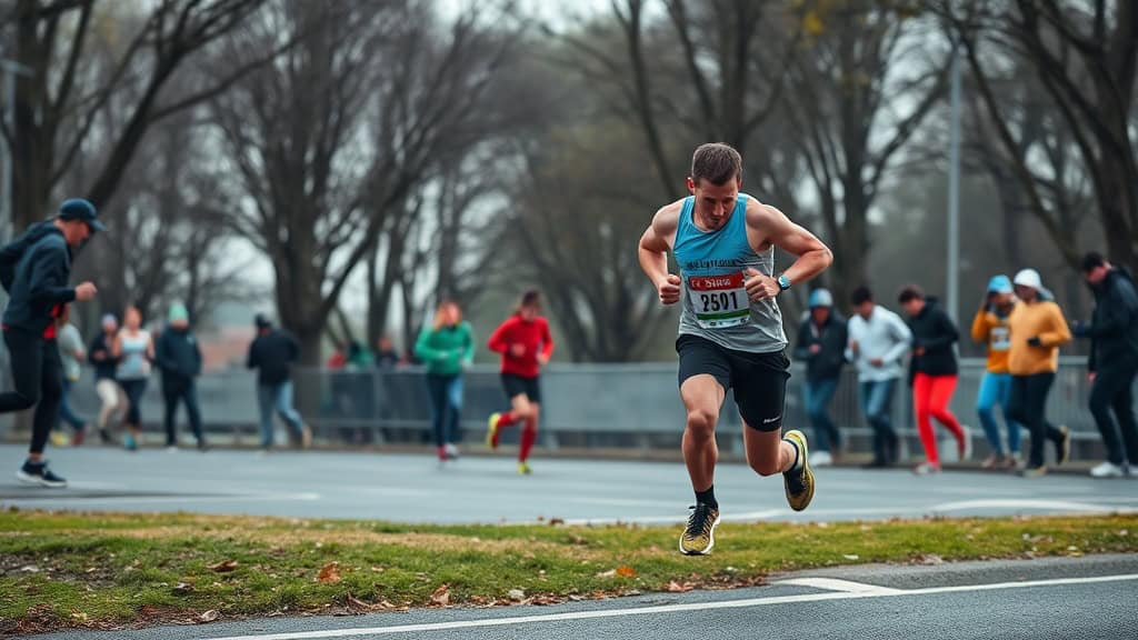 Marathon en plein air avec coureur concentré et spectateurs en arrière-plan.