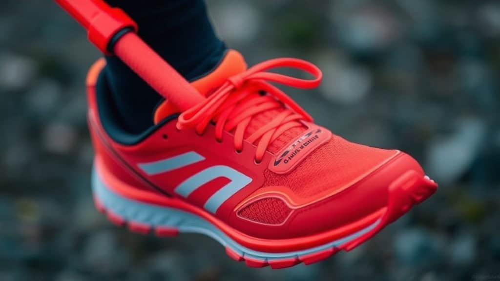Chaussure de course rouge avec semelle antidérapante pour sport et running.