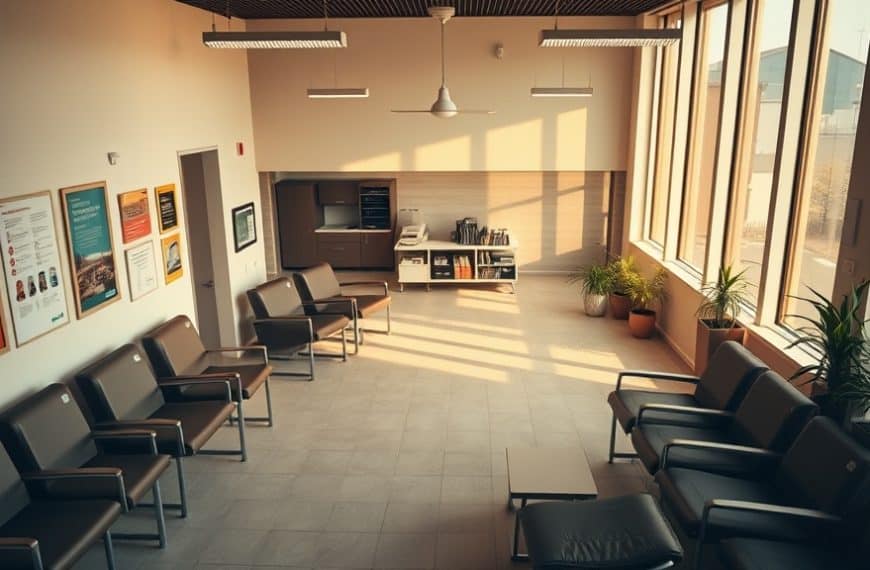 Salle d'attente lumineuse avec sièges modernes et grandes fenêtres offrant une vue dégagée.