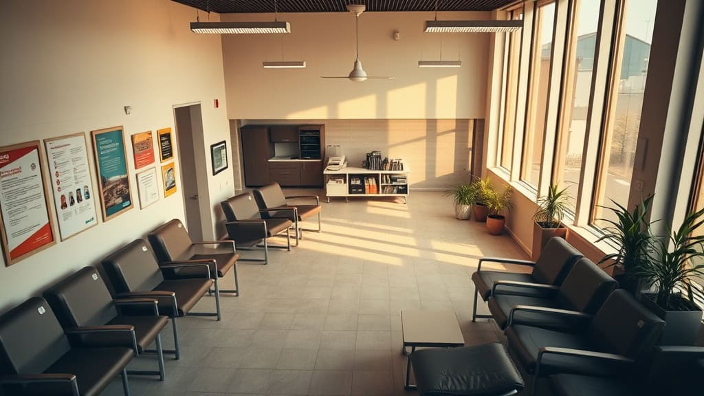 Salle d'attente lumineuse avec sièges modernes et grandes fenêtres offrant une vue dégagée.