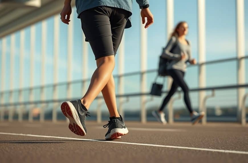 Personne courant sur un pont moderne au coucher du soleil, activité sportive en plein air.