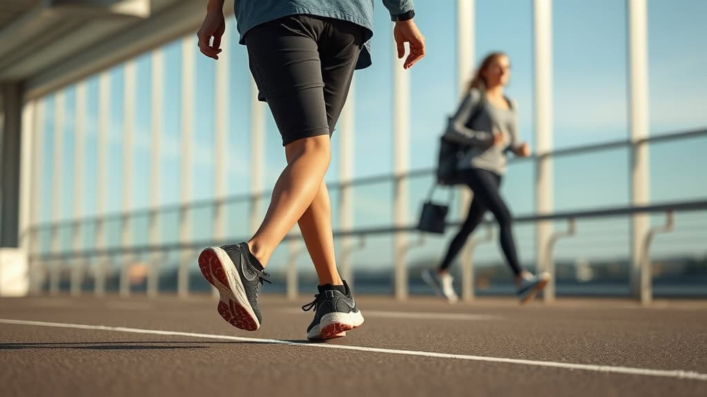Personne courant sur un pont moderne au coucher du soleil, activité sportive en plein air.