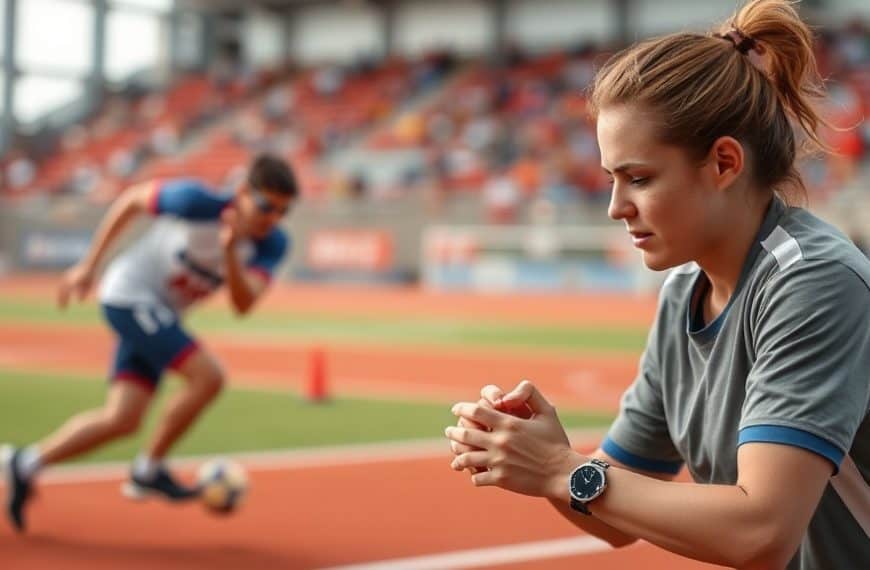Jeune femme athlète en pleine concentration avant une course sur piste d'athlétisme.