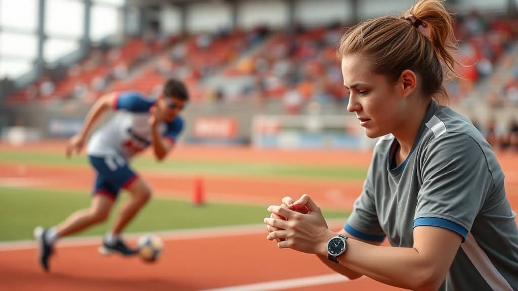 Jeune femme athlète en pleine concentration avant une course sur piste d'athlétisme.