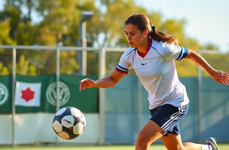 Femme sportive en action lors d’un match de football en plein air, portant un maillot blanc et short.
