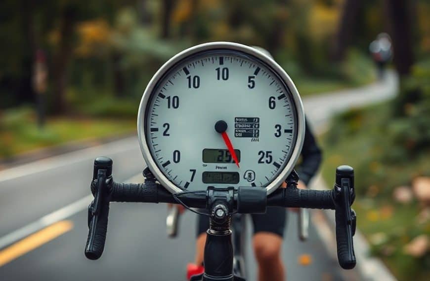 Compteur de vélo indiquant une vitesse de 25 km/h en forêt automnale.