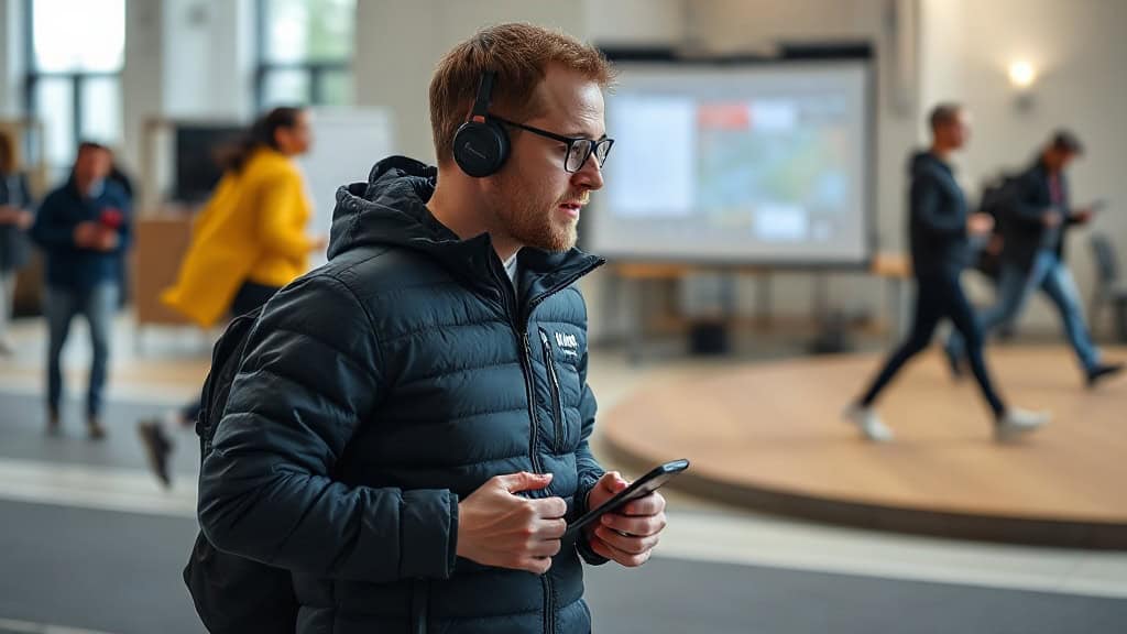 Jeune homme portant casque et utilisant un smartphone dans un espace public.