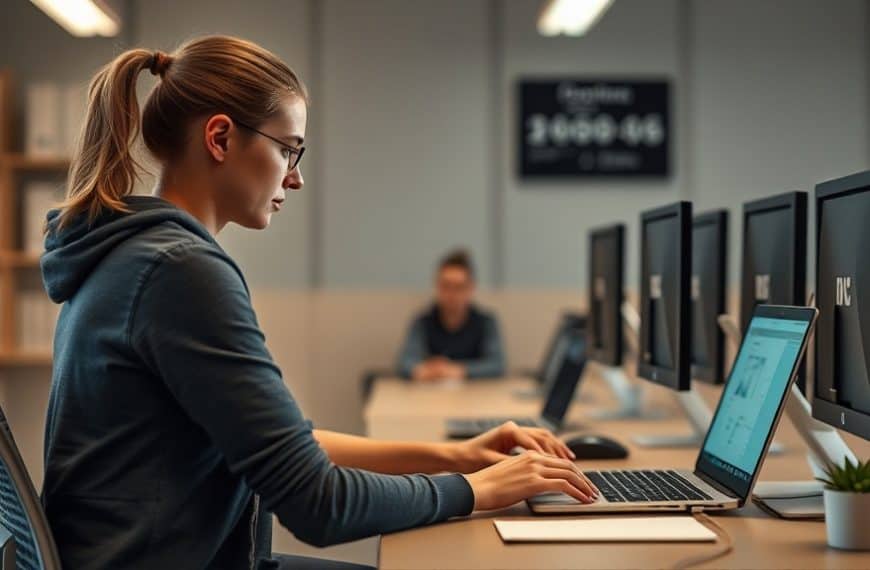 Travail à distance : femme utilisant un ordinateur portable dans un bureau moderne.