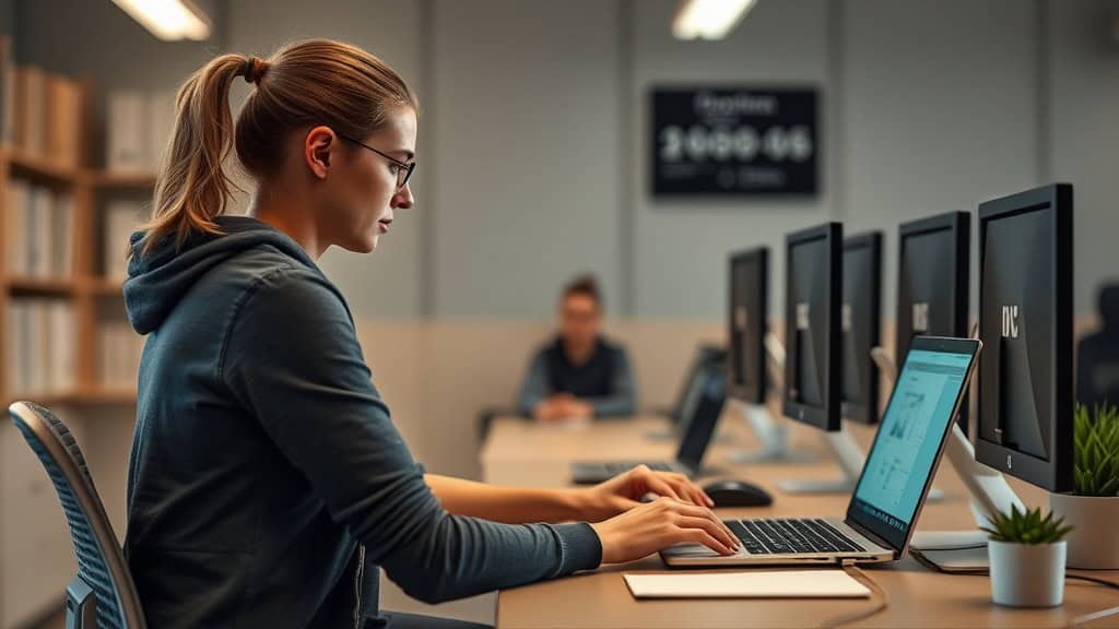 Travail à distance : femme utilisant un ordinateur portable dans un bureau moderne.