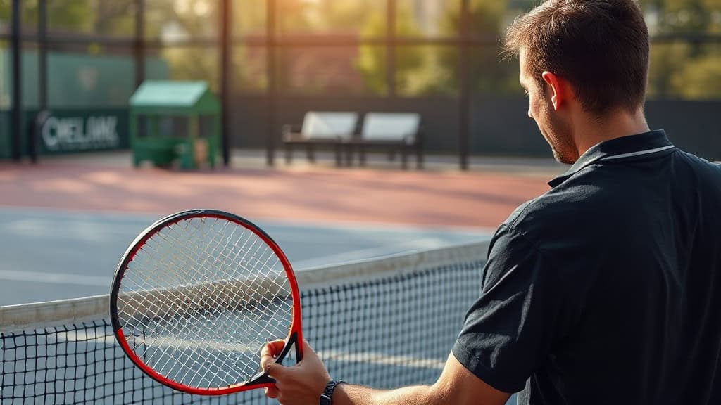 Homme jouant au tennis sur un court extérieur ensoleillé.