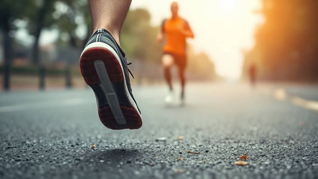 Chaussure de course en mouvement sur route lors d'une séance de jogging matinal.