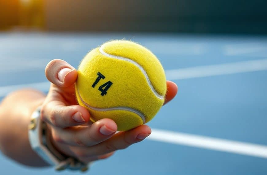 Ballon de tennis jaune avec numéro 74, prêt pour jouer sur le court.
