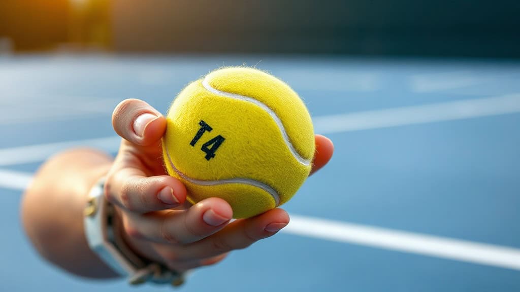 Ballon de tennis jaune avec numéro 74, prêt pour jouer sur le court.