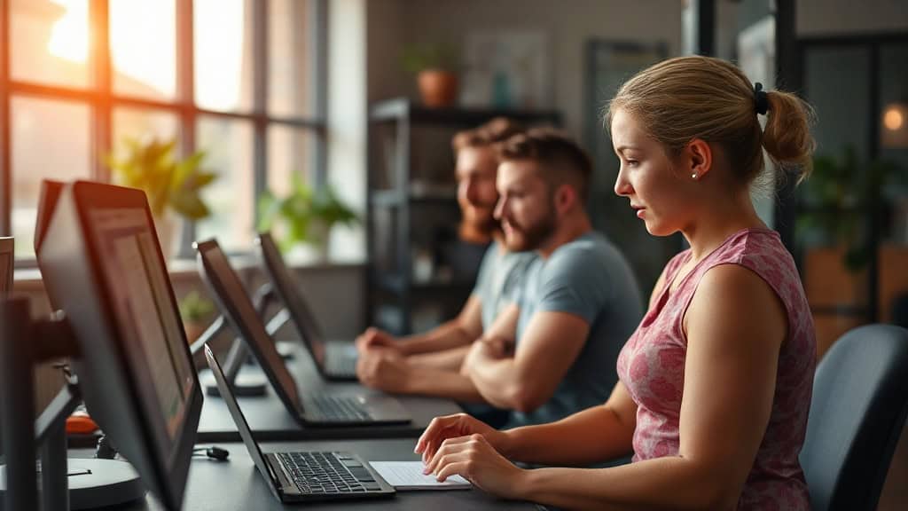 Jeune femme concentrée travaillant sur un ordinateur en groupe.