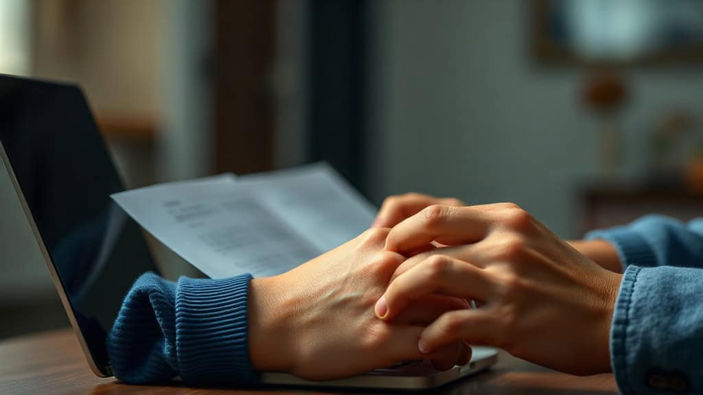 Personne lisant un document sur un ordinateur portable dans un bureau.