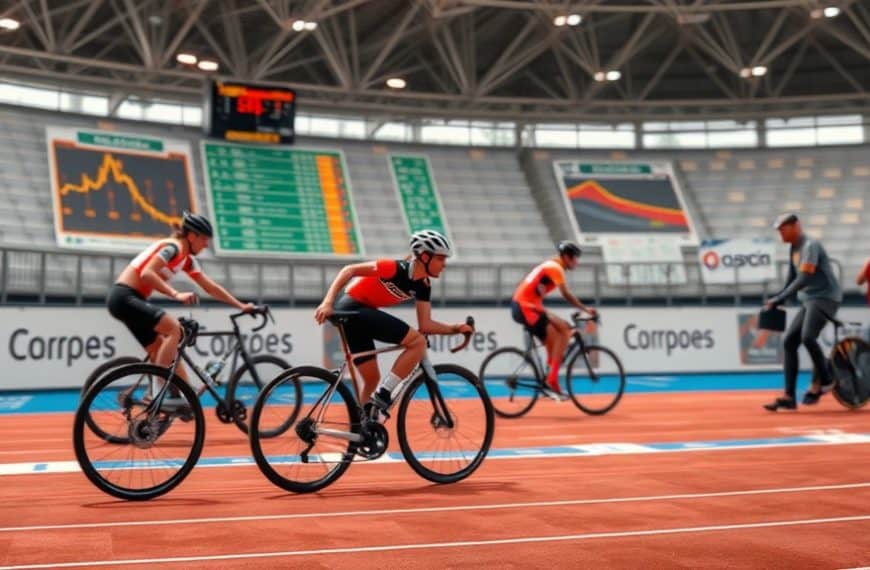 Vélodrome intérieur avec cyclistes en entraînement pour compétition de cyclisme sur piste.