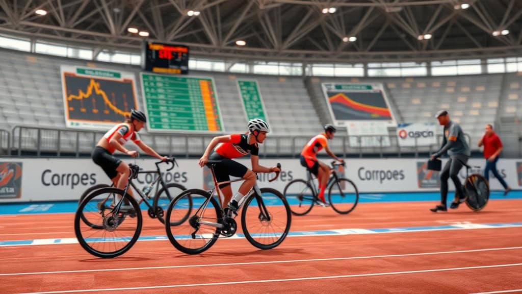 Vélodrome intérieur avec cyclistes en entraînement pour compétition de cyclisme sur piste.