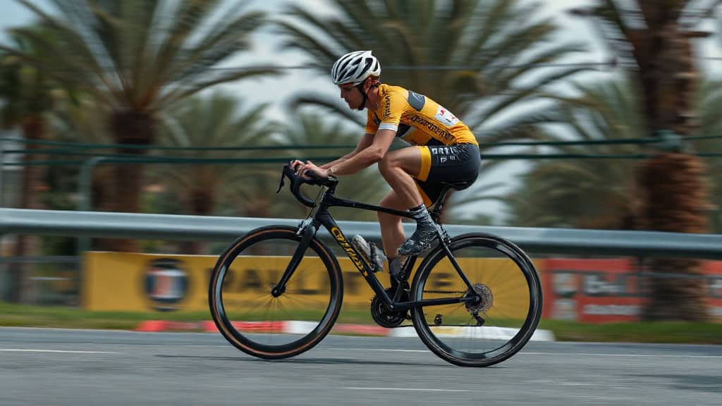 Cycliste en compétition sur route avec casque et maillot jaune.