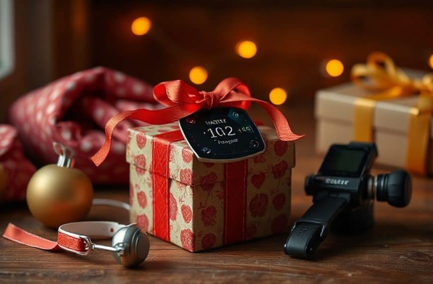 Cadeau de Noël avec smartwatch, écouteurs et décorations festives.