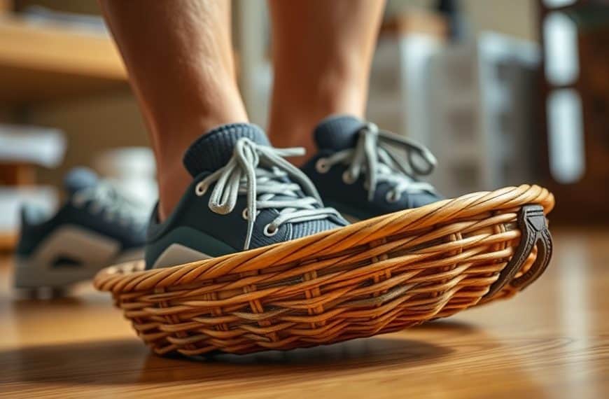 Chaussures de sport dans une corbeille en osier sur un sol en bois.