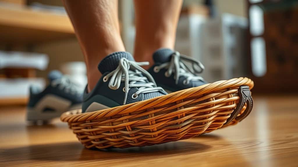 Chaussures de sport dans une corbeille en osier sur un sol en bois.