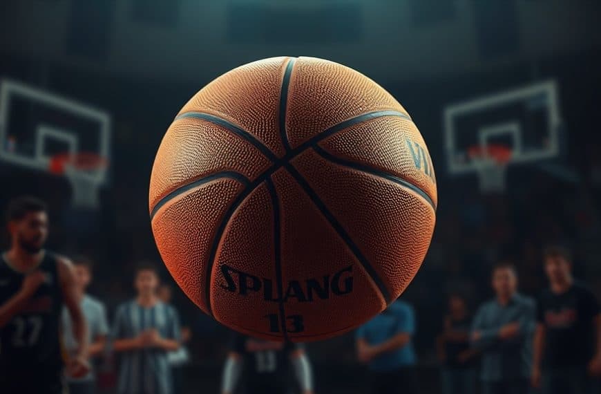 Ballon de basketball en salle avec joueurs en arrière-plan.