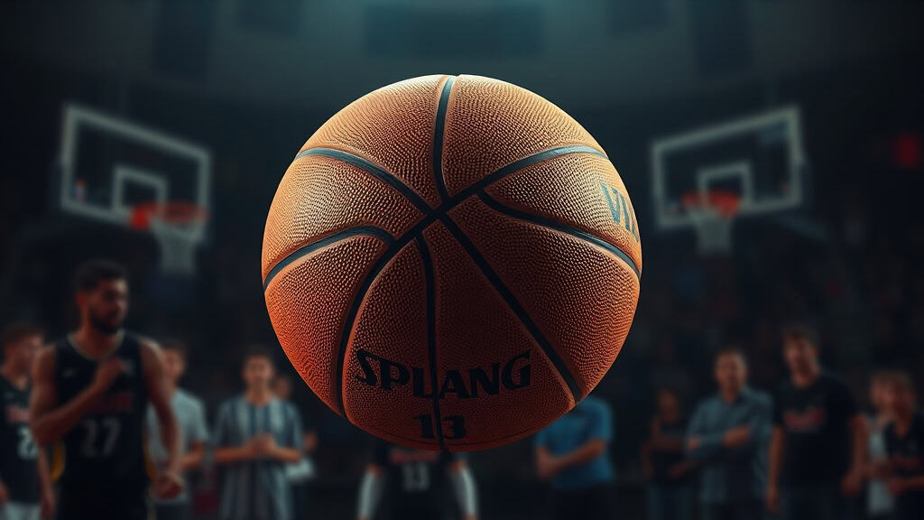 Ballon de basketball en salle avec joueurs en arrière-plan.