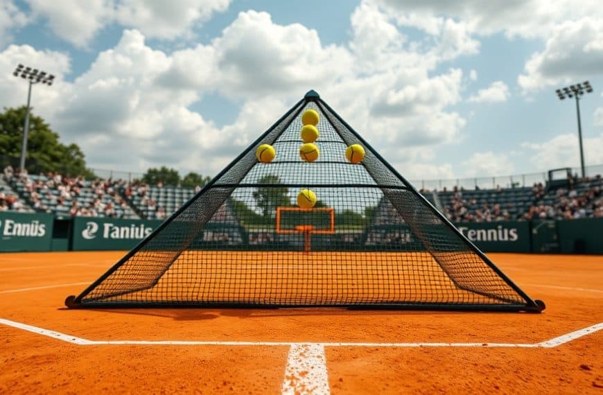 Balle d'entraînement de tennis dans un filet sur un court en terre battue.