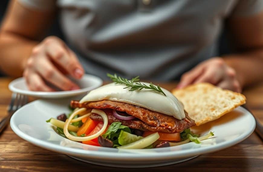 Sandwich avec viande, légumes frais et sauce, sur une assiette blanche.