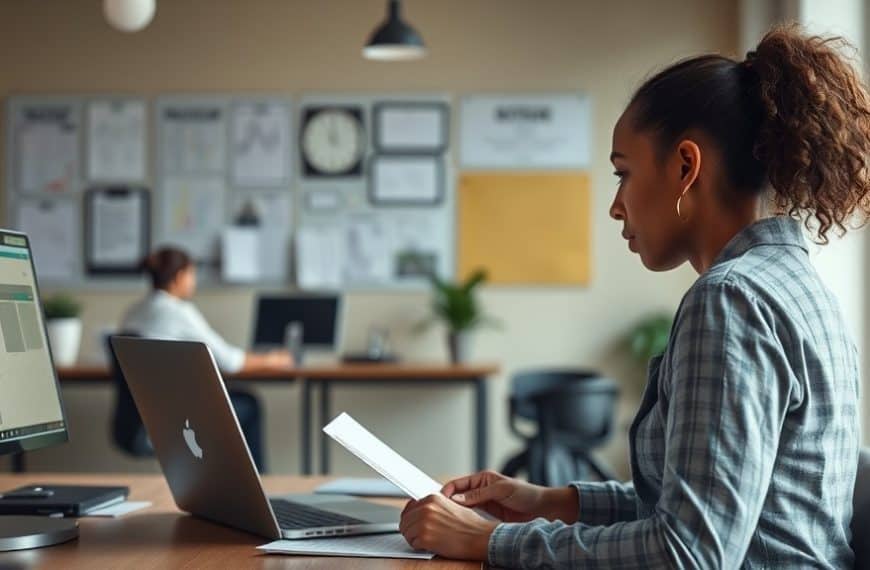 Femme concentrée lisant un document dans un bureau moderne.
