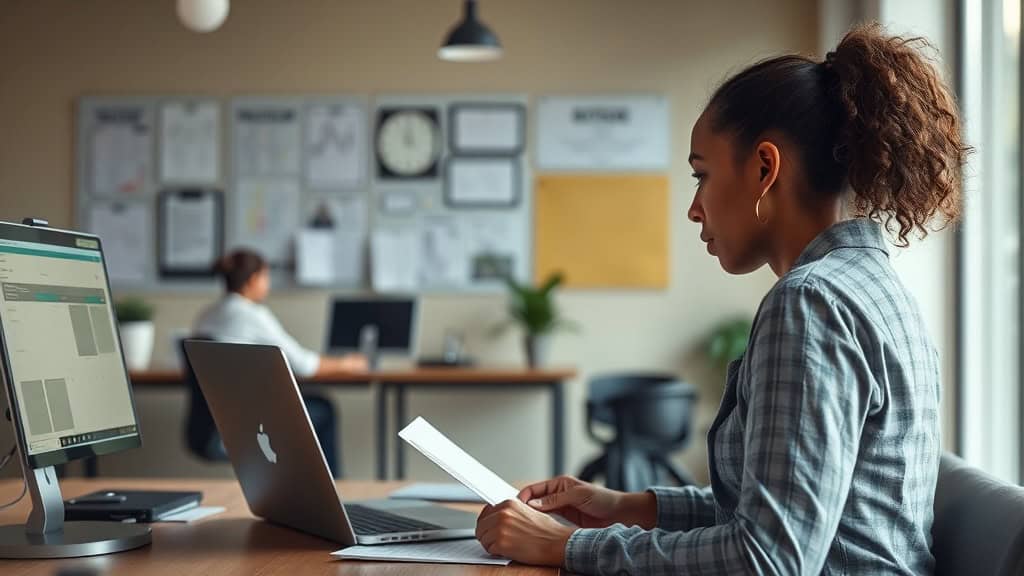 Femme concentrée lisant un document dans un bureau moderne.