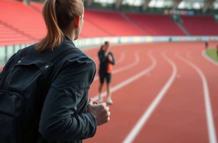 Femme athlète en entraînement sur piste d'athlétisme en extérieur.