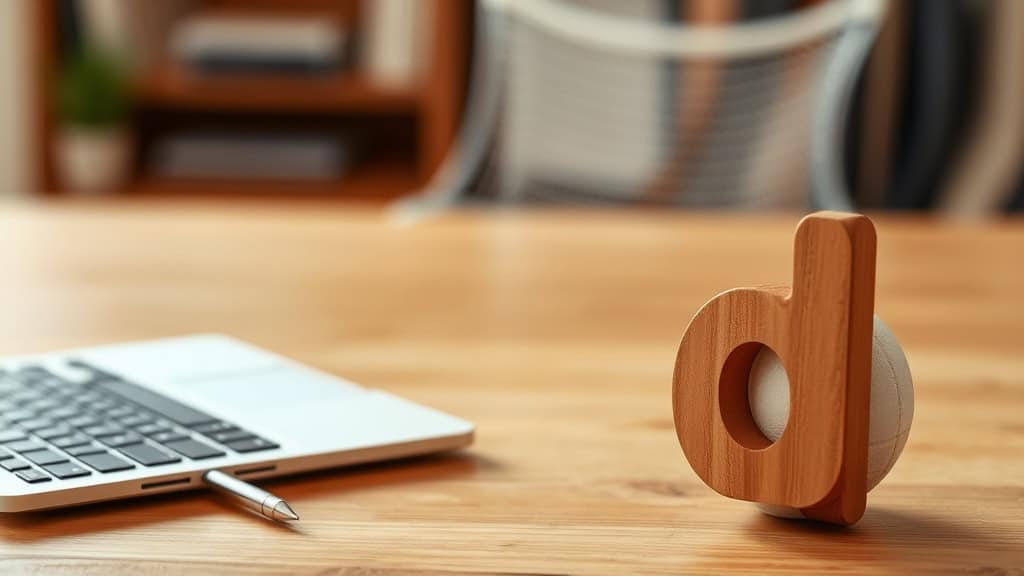 Clé USB en forme de lettre D en bois sur bureau en bois clair.