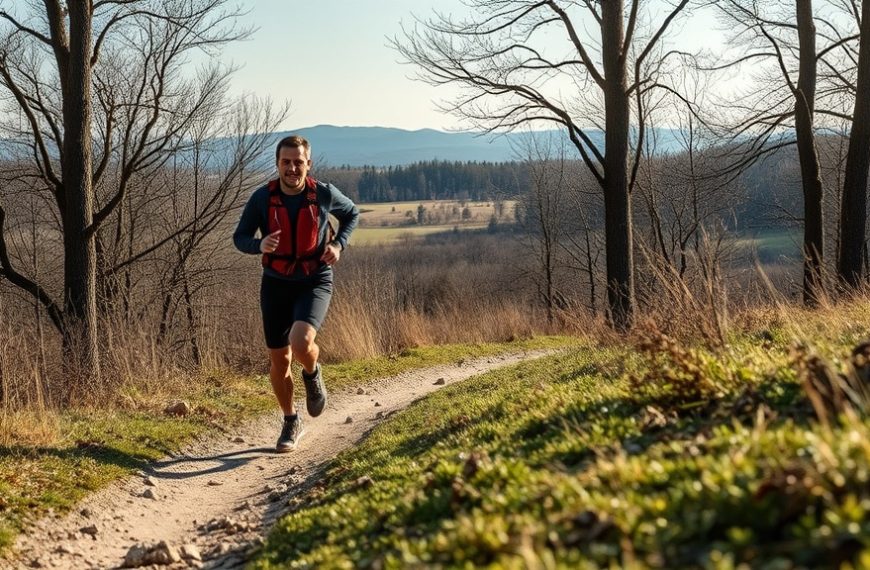 Homme courant sur sentier de randonnée en forêt.
