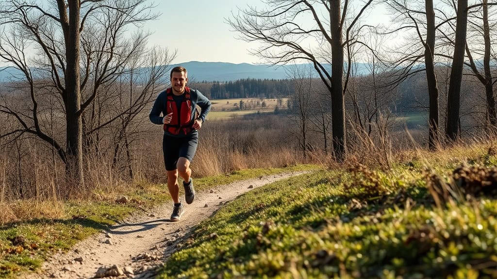 Homme courant sur sentier de randonnée en forêt.