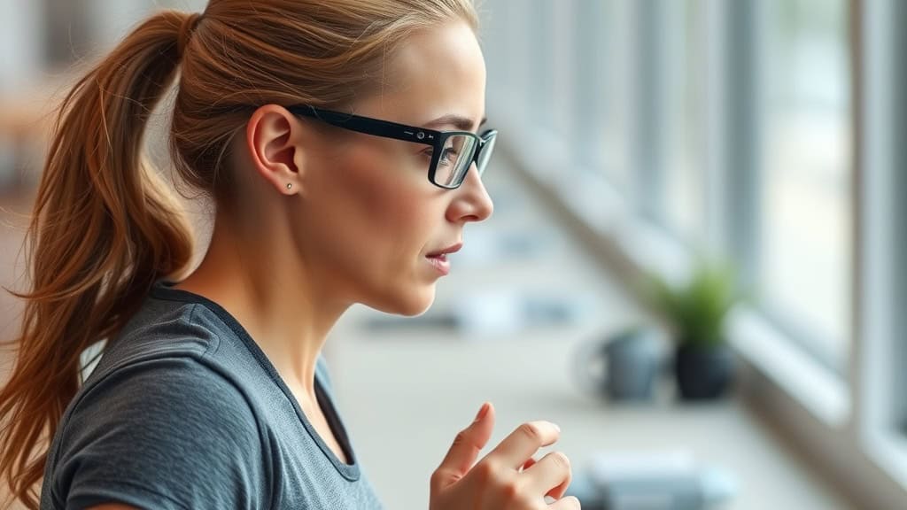 Femme portant des lunettes utilisant un smartphone près d'une fenêtre.