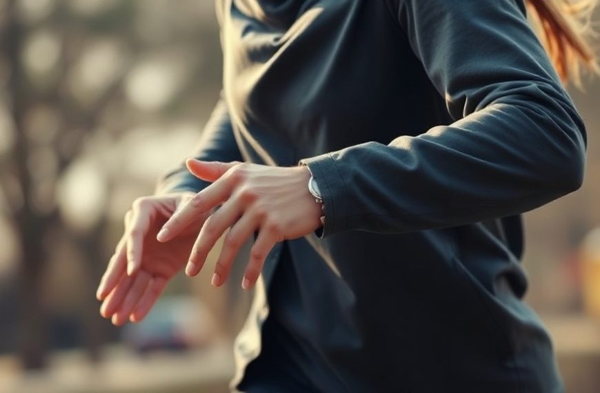 Femme en tenue de sport ajustée en extérieur, prête à courir ou faire de l'exercice.