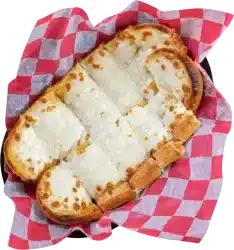 Delicious cheesy bread from Big John’s Pizza, featuring melted cheese on a crispy crust, served on red checkered paper. Perfect for sharing or as a snack.