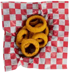 Delicious crispy onion rings from Big John's Pizza. Perfectly golden and crunchy, served on red and white checkered paper for a classic American fast-food experience.