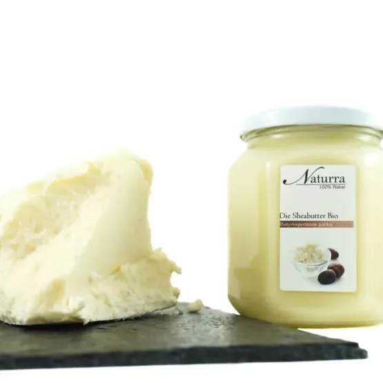 Bio Sheabutter 480g Glas unraffiniert nativ kaltgepresst mit loser Rohware auf Schieferplatte ideal für Naturkosmetik und Körperpflege