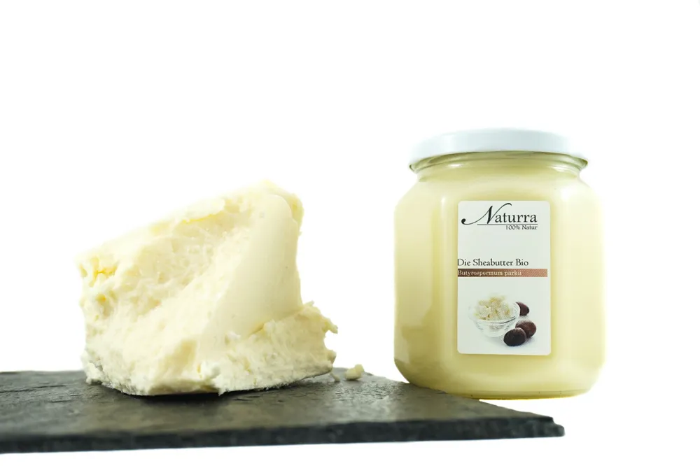 Bio Sheabutter 480g Glas unraffiniert nativ kaltgepresst mit loser Rohware auf Schieferplatte ideal für Naturkosmetik und Körperpflege