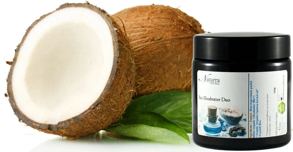 Bio Sheabutter Duo mit Kokosöl in dunklem Glastiegel – natürliche Haut- und Haarpflege