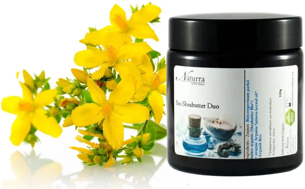Bio Johanniskraut mit 100g Bio Sheabutter DUO im Tiegel Braunglas für Kosmetische Anwendungen