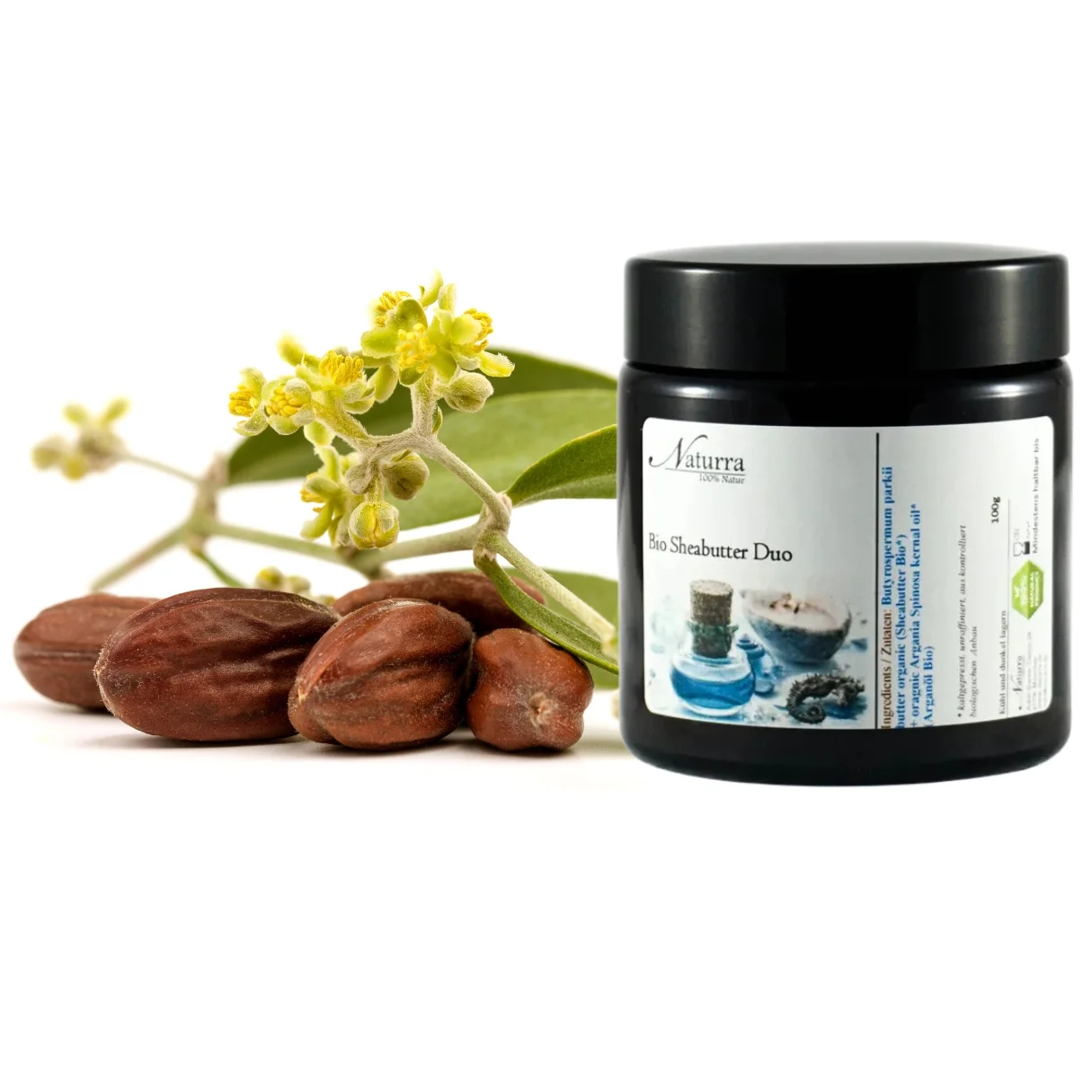 Bio Sheabutter mit Jojobaöl und Jojobanüssen – intensive Hautpflege 100g Tiegel Glas