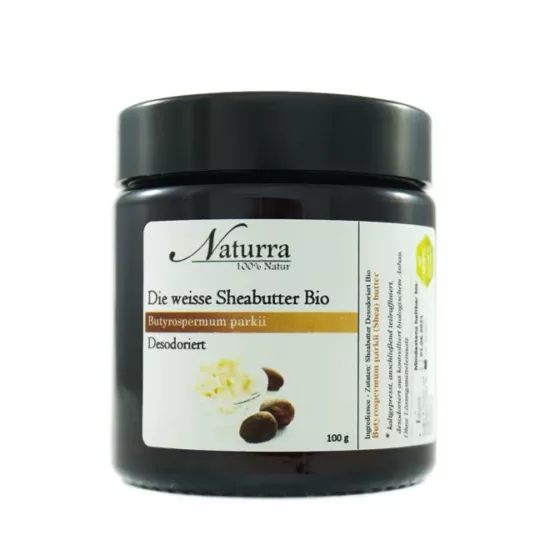 Bio Sheabutter 100g weiß desodoriert im Braunglastiegel ideal für empfindliche Haut und DIY-Kosmetik