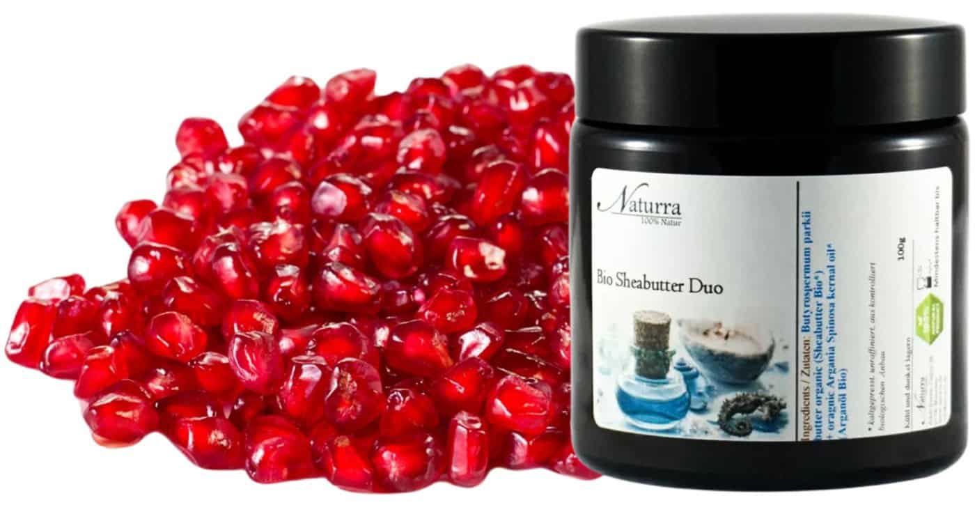 Bio Granatapfel-Butter von Naturra – Sheabutter mit wertvollem Granatapfelkernöl im 100g-Tiegel