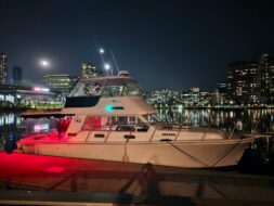 Corporate staff enjoying a private party boat hire Melbourne cruise on the Yarra River at sunset