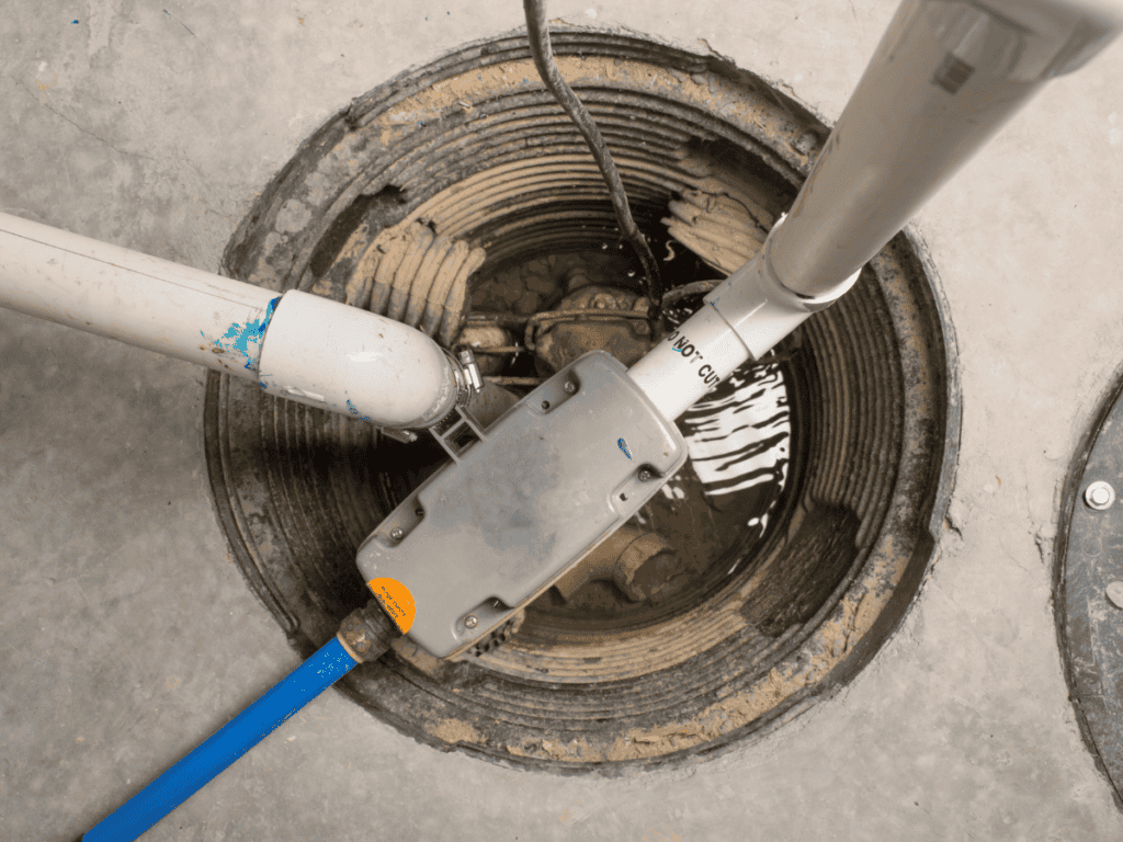 An open sump pump basin with connected PVC pipes, partially filled with water, showing a gray control box and wiring inside.