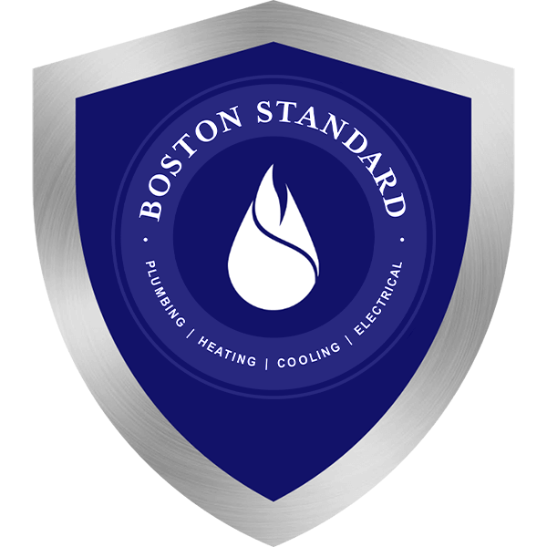 Logo of Boston Standard with a shield shape, featuring a flame icon and the words "Plumbing | Heating | Cooling | Electrical.