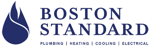 Logo for Boston Standard with a blue teardrop icon and the words: "Plumbing | Heating | Cooling | Electrical.